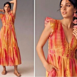 Anthropologie Orange Pink Ruffled Tiered Maxi Dress